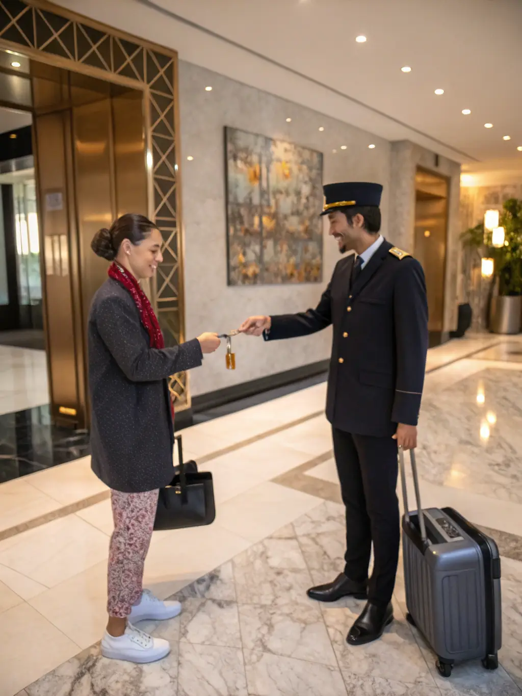 A high-quality photo of a luxury concierge assisting a Ponytail Bill LUXE member with booking a five-star hotel, showcasing personalized service and attention to detail.